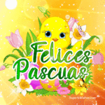 Amarillo Felices Pascuas Pollito Con Flores de Colores GIF