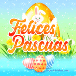 Lindo Felices Pascuas GIF Con Un Huevo De Oro Y Flores Amarillas