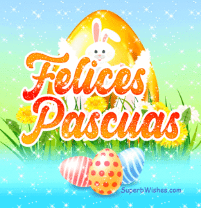 Lindo Felices Pascuas GIF Con Un Huevo De Oro Y Flores Amarillas