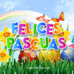 Felices Pascuas GIF con coloridos huevos decorados