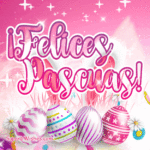 Felices Pascuas GIF con orejas de conejo y hermosos huevos pintados