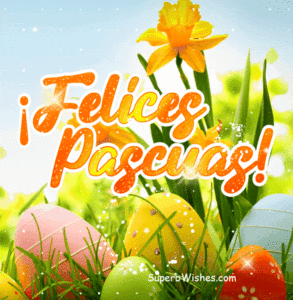 Felices Pascuas GIF con huevos de Pascua de colores