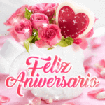 Feliz aniversario GIF con hermosas rosas rosadas