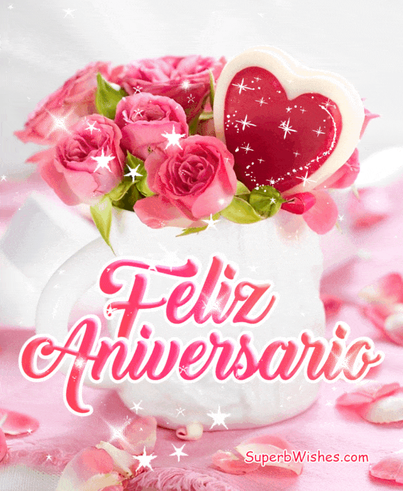 Feliz aniversario GIF con hermosas rosas rosadas