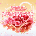 Feliz Aniversario GIF con una ramo de rosas rosadas