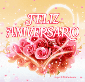 Feliz Aniversario GIF con una ramo de rosas rosadas