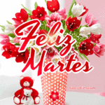 Feliz Martes GIF Con Tulipanes Y Un Lindo Osito de Peluche