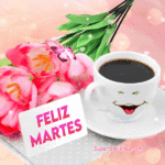 Feliz Martes GIF Con Taza de Café Blanca Sonriente