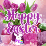 Happy Easter GIF With Purple Tulips And Colorful Eggs