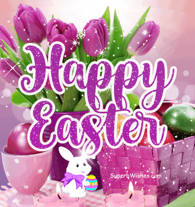 Happy Easter GIF With Purple Tulips And Colorful Eggs
