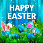 Happy Easter GIF With eggs on a grass field