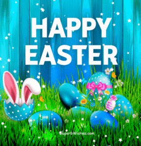 Happy Easter GIF With eggs on a grass field