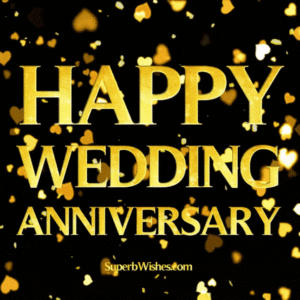 Happy Wedding Anniversary With Golden Heart Confetti GIF