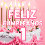 Bonito Pastel de Cumpleaños Con Decoración Rosa GIF - Feliz 1 Cumpleaños