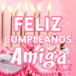 Bonito Pastel de Cumpleaños Con Decoración Rosa GIF - Feliz Cumpleaños, Amiga