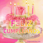 Pastel de Cumpleaños Floral Rosa Con Velas Encendidas GIF