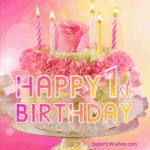 Pink Floral Birthday Cake With Lit Candles GIF - Happy 1st Birthday