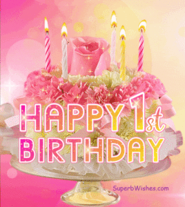 Pink Floral Birthday Cake With Lit Candles GIF - Happy 1st Birthday