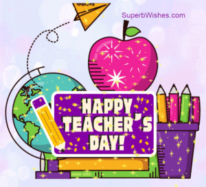 Happy Teacher's Day GIF With Globe Earth And Colored Pencils