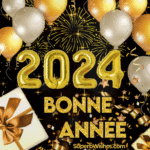 Bonne Année 2024 GIF avec des ballons métalliques