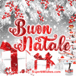 GIF con albero di Natale decorativo e regali nella neve