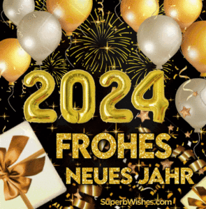 Frohes neues Jahr 2024 GIF mit metallischen Ballonen