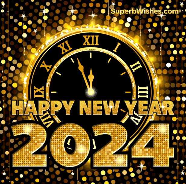 Golden Clock Happy New Year 2024 GIF Image