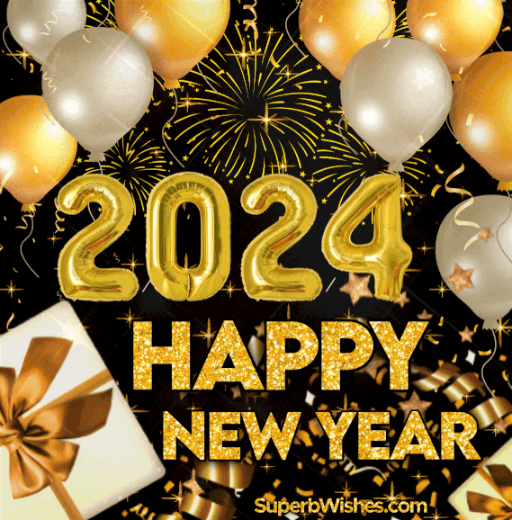 Happy New Year 2024 GIF With Metallic Balloons