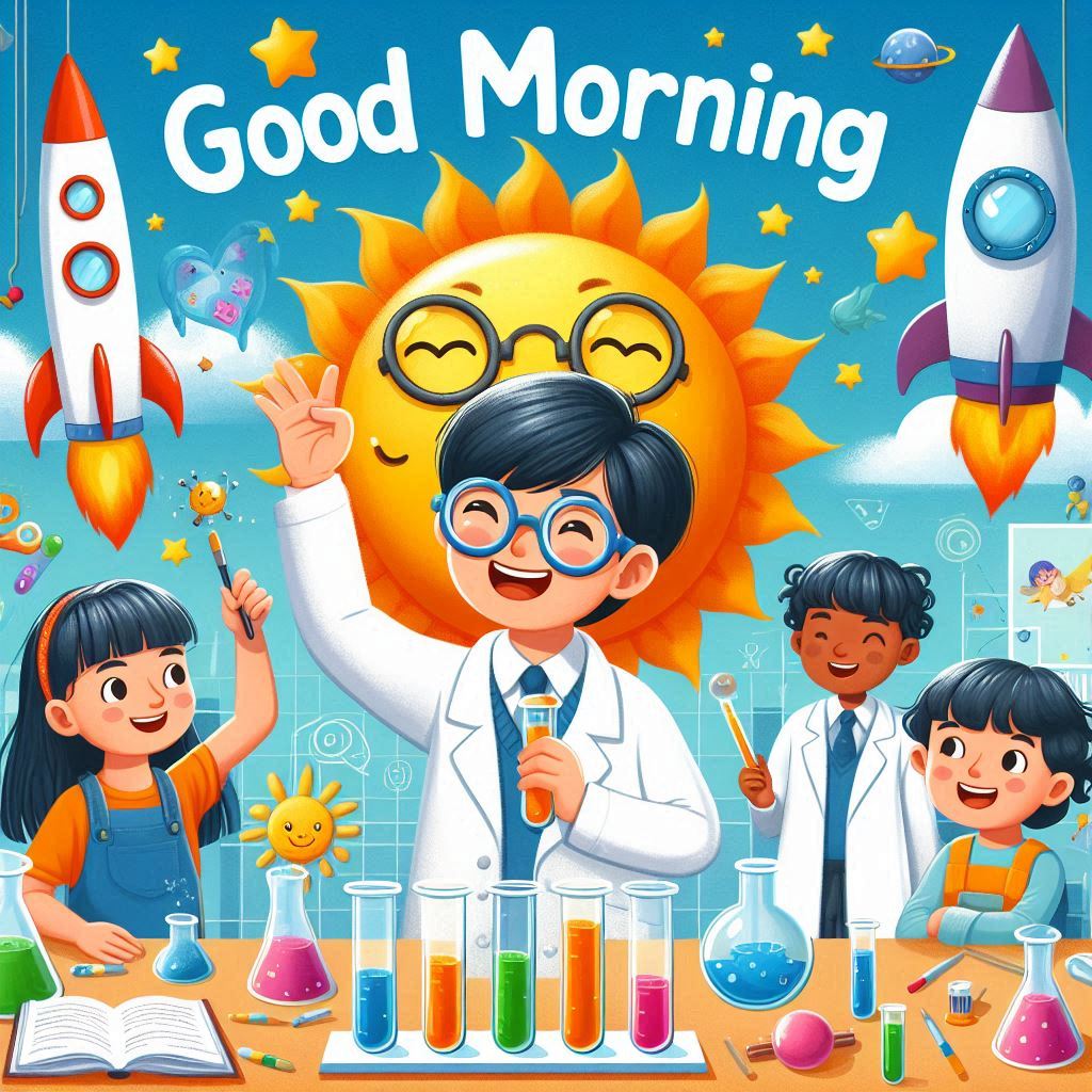 Good morning image with a scientific lab with kids and the sun