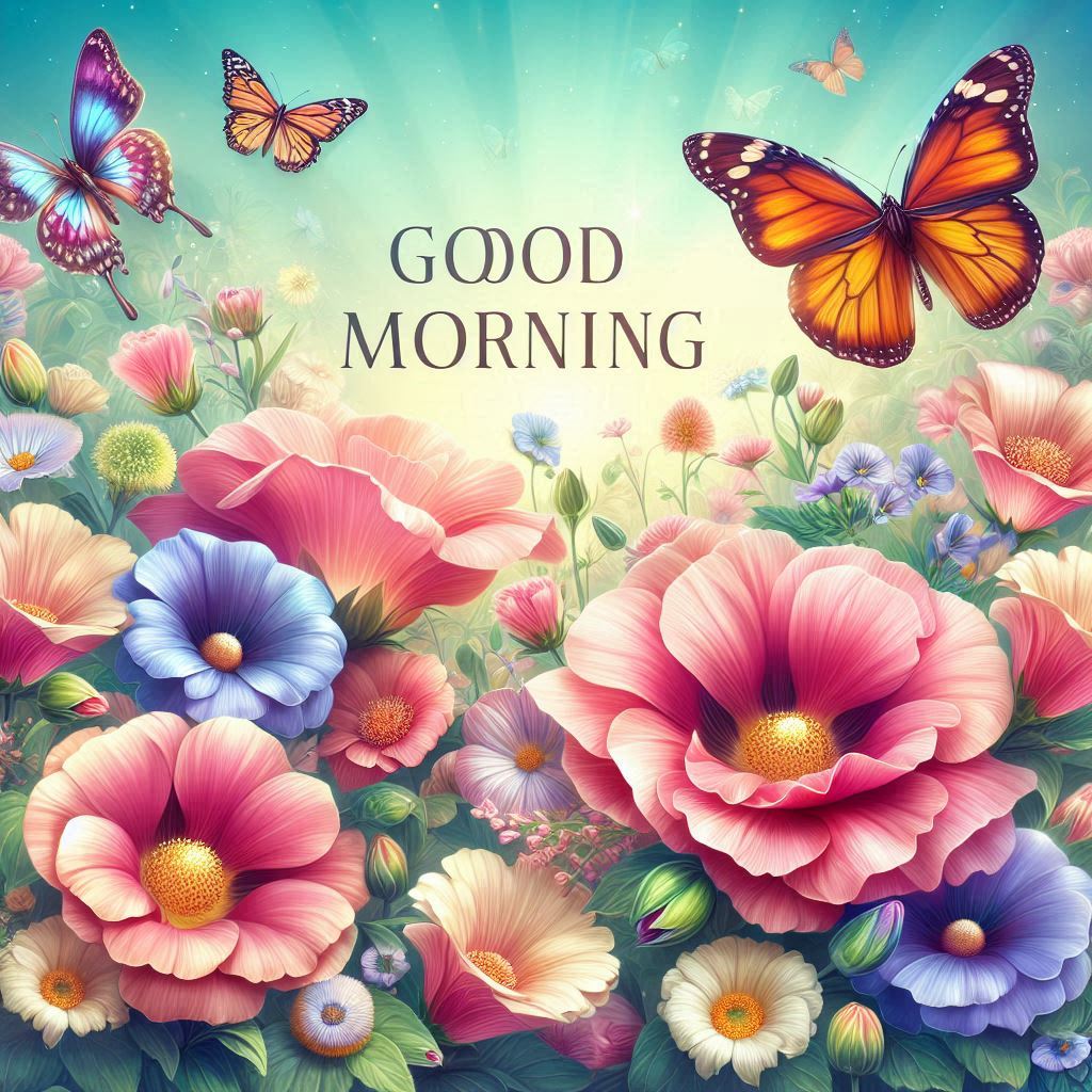 Good morning image with beautiful flowers and butterflies