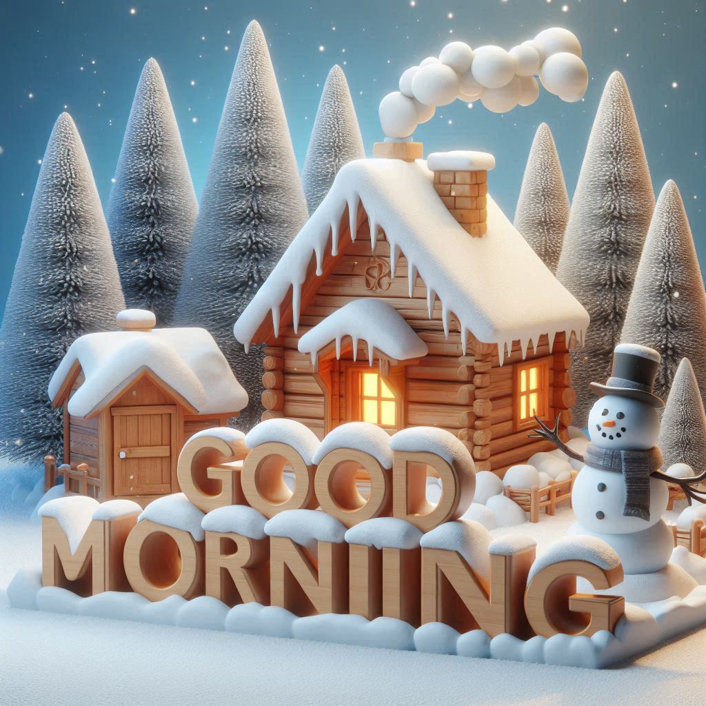 Good morning image with a Christmas scene with a house and a snowman