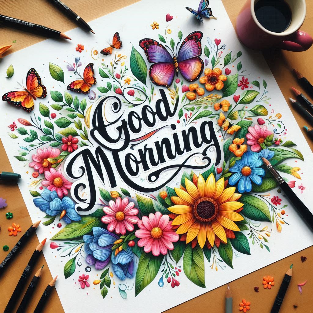 Good morning image card with flowers and butterflies