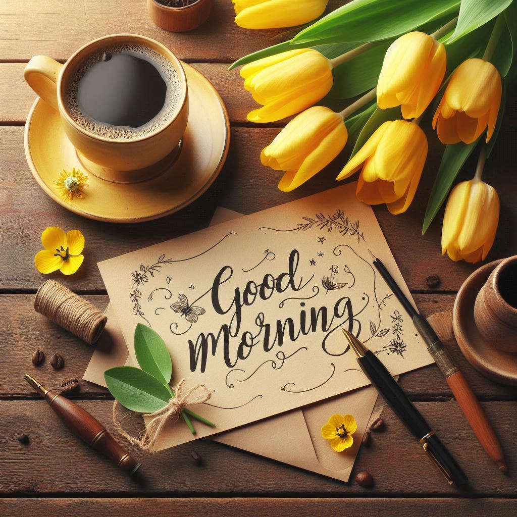 Good morning image with a coffee cup and some yellow tulips