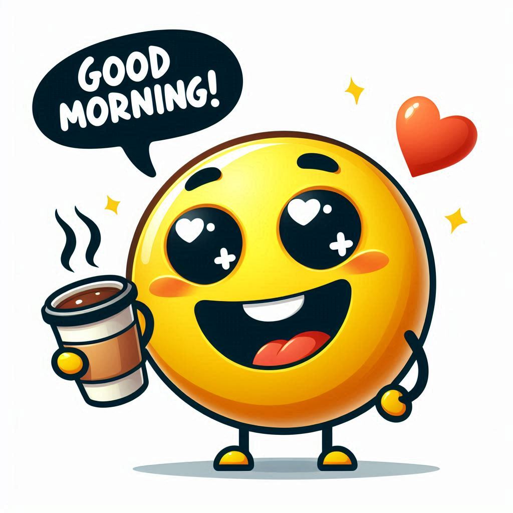 Good morning image with a smiley face holding a cup of coffee