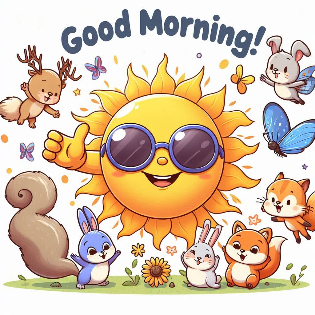 Good morning image with a cartoon sun surrounded by animals and butterflies