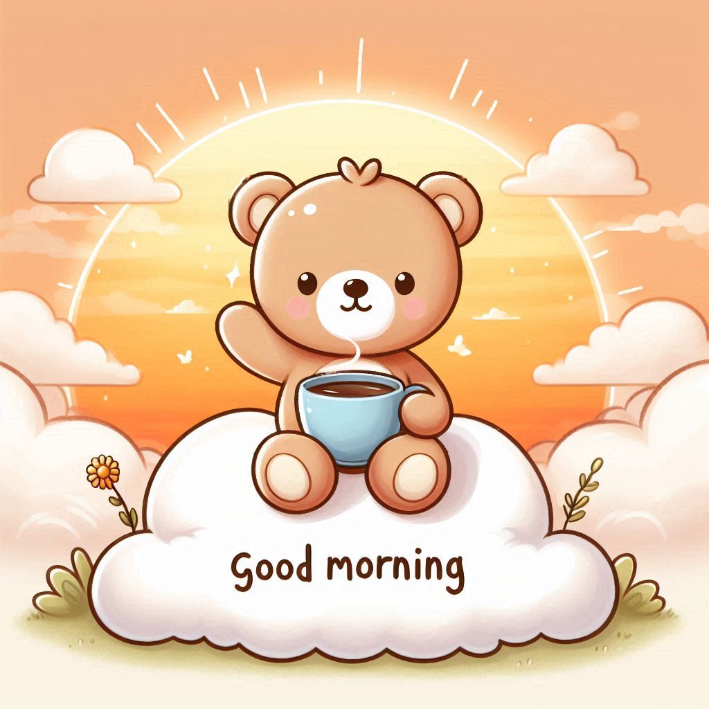 A brown teddy bear sitting on top of a cloud holding a cup of coffee
