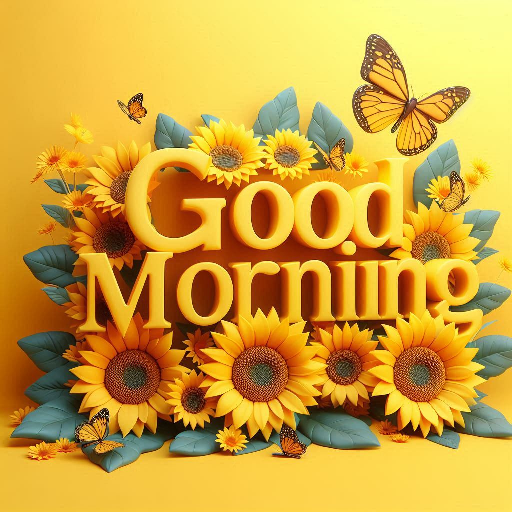 Good morning image with a yellow background with sunflowers and butterflies