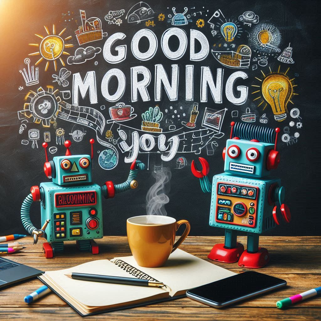 Good morning image with a cup of coffee and a robot