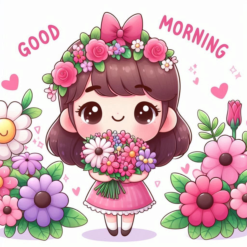 A cartoon girl holding a bouquet of flowers