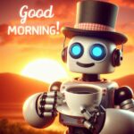 Good morning image of a robot is holding a cup of coffee