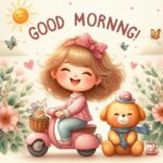 Good morning image of a little girl riding a scooter and a teddy bear