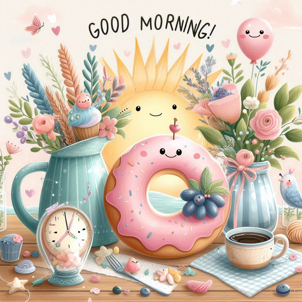 Good morning image with a painting of a donut and a cup of coffee