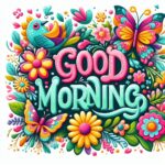 Good Morning image with Colorful artwork of flowers, birds, and butterflies