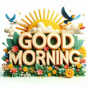 Good morning 3d image with flowers and birds