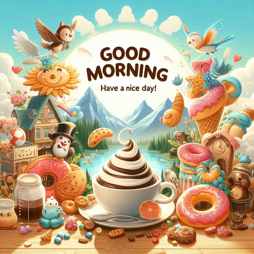 Good morning image with a cup of coffee and donuts on a table