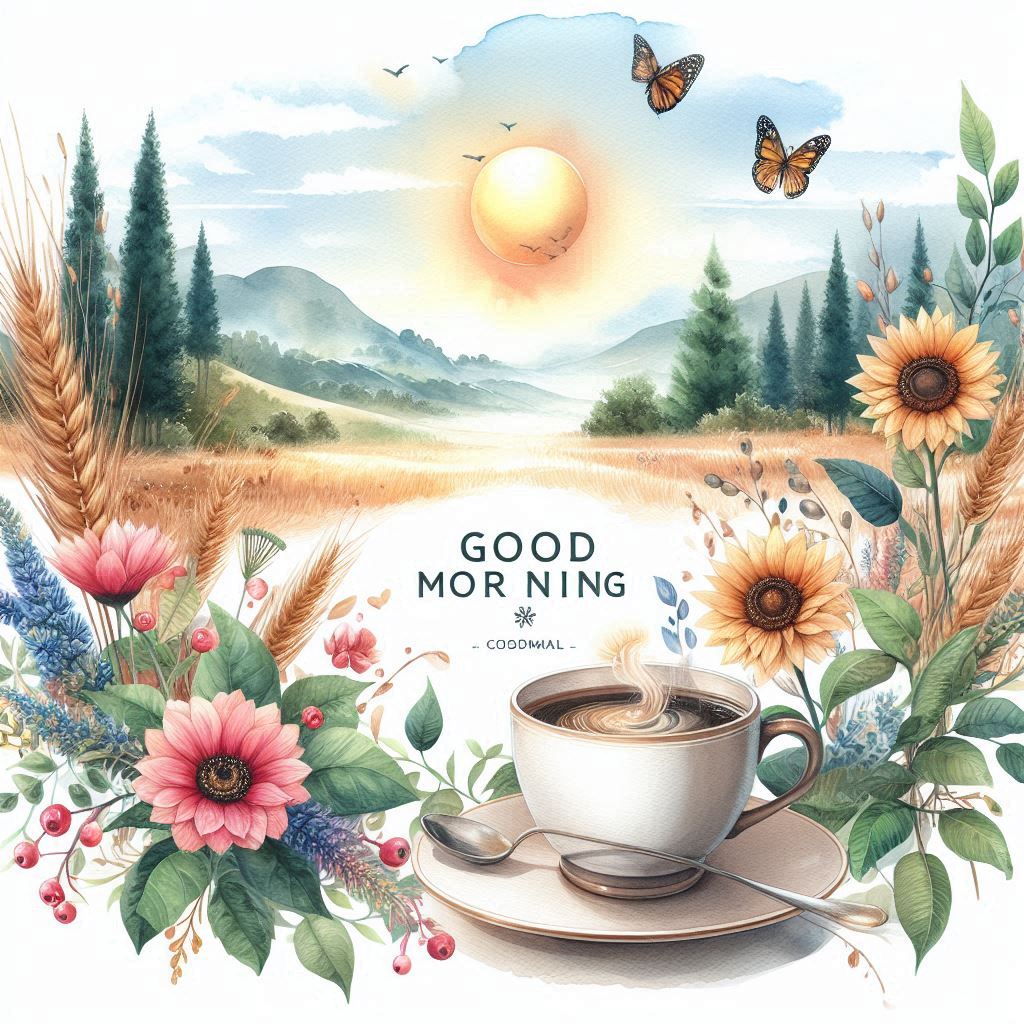 Good morning watercolor image with a cup of coffee sitting on top of a saucer
