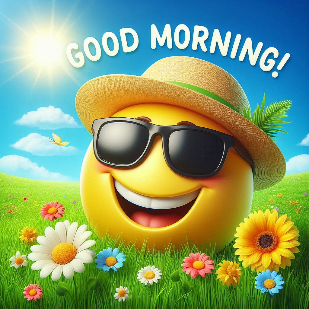 Good morning image with a yellow smiley 3d face wearing sunglasses and a hat