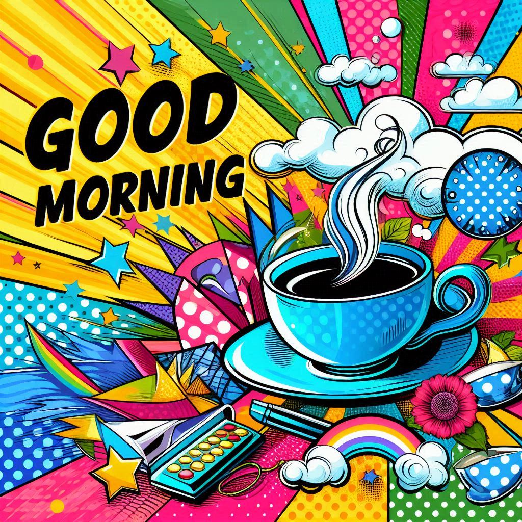 Good morning image with a cup of coffee on top of a table with colorful background