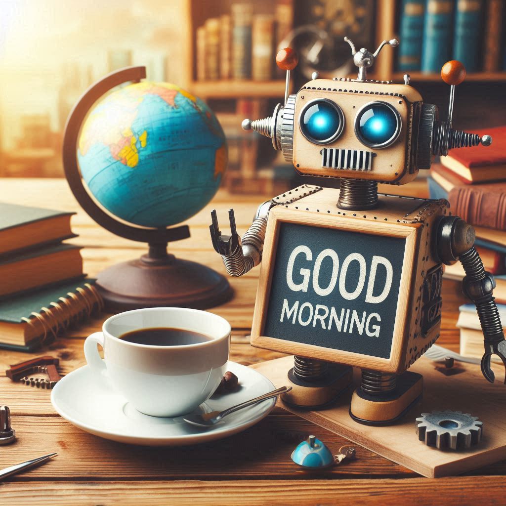 Good morning board image with a small robot sitting on top of a table next to a cup of coffee
