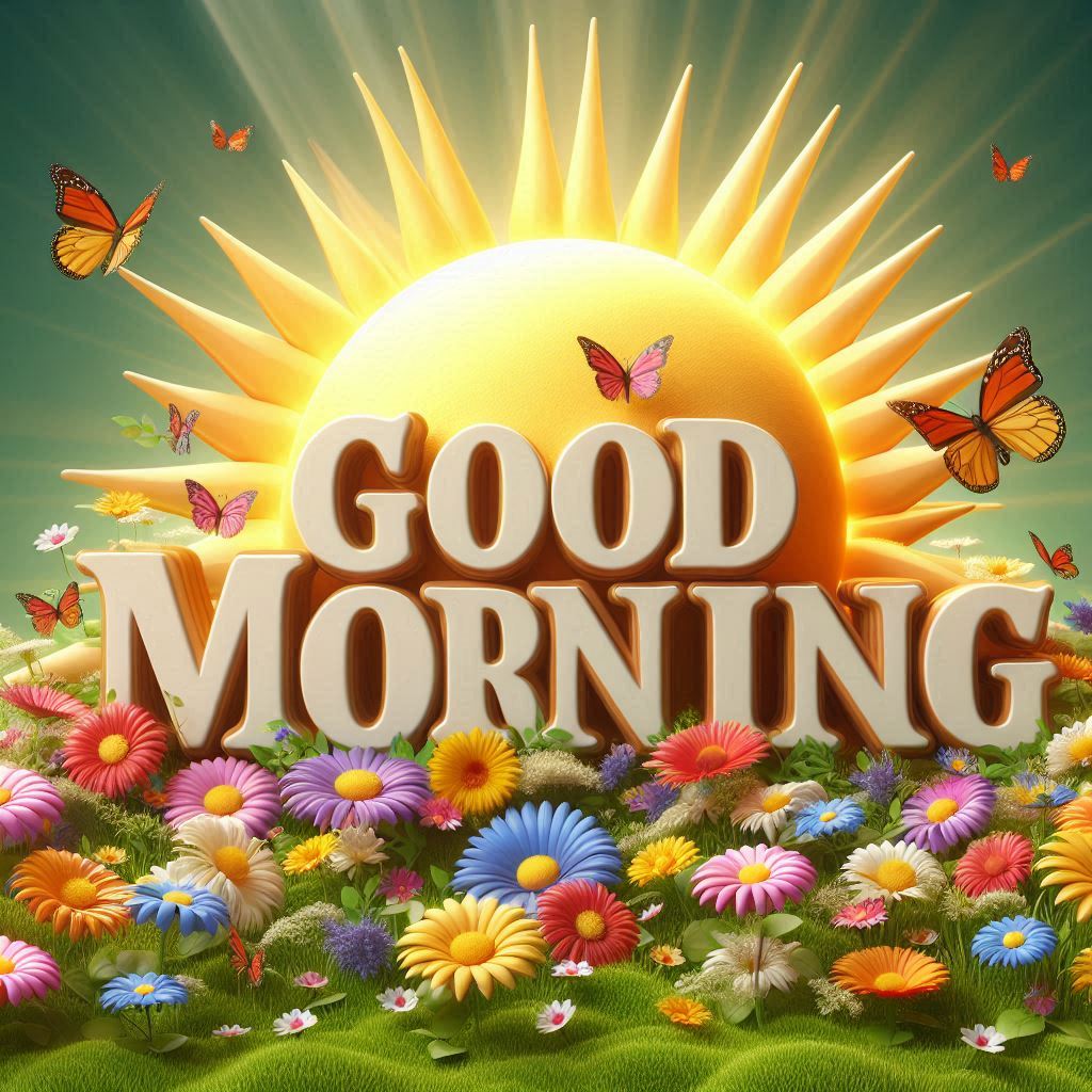 3D good morning Image with flowers and butterflies